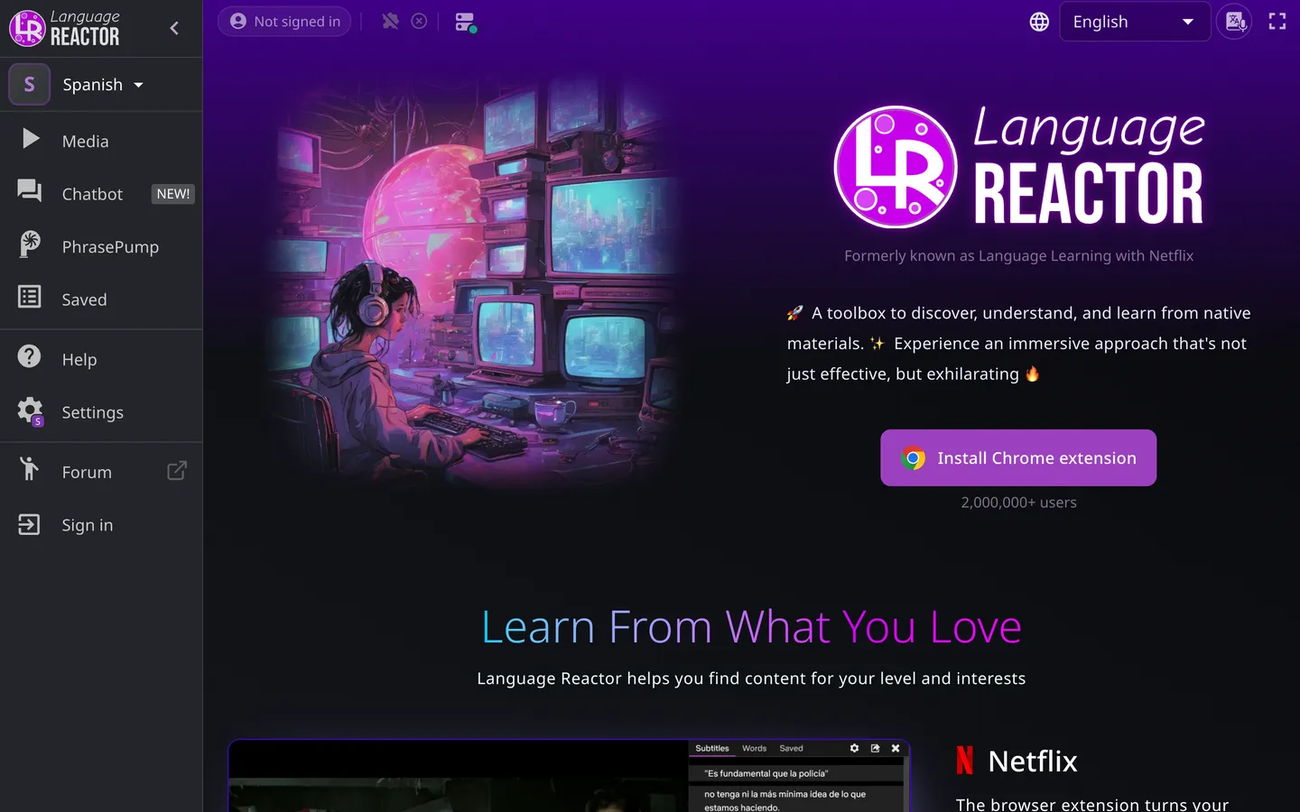 The Language Reactor home page, showing its Netflix and YouTube study tools and a stated user count of over two million.
