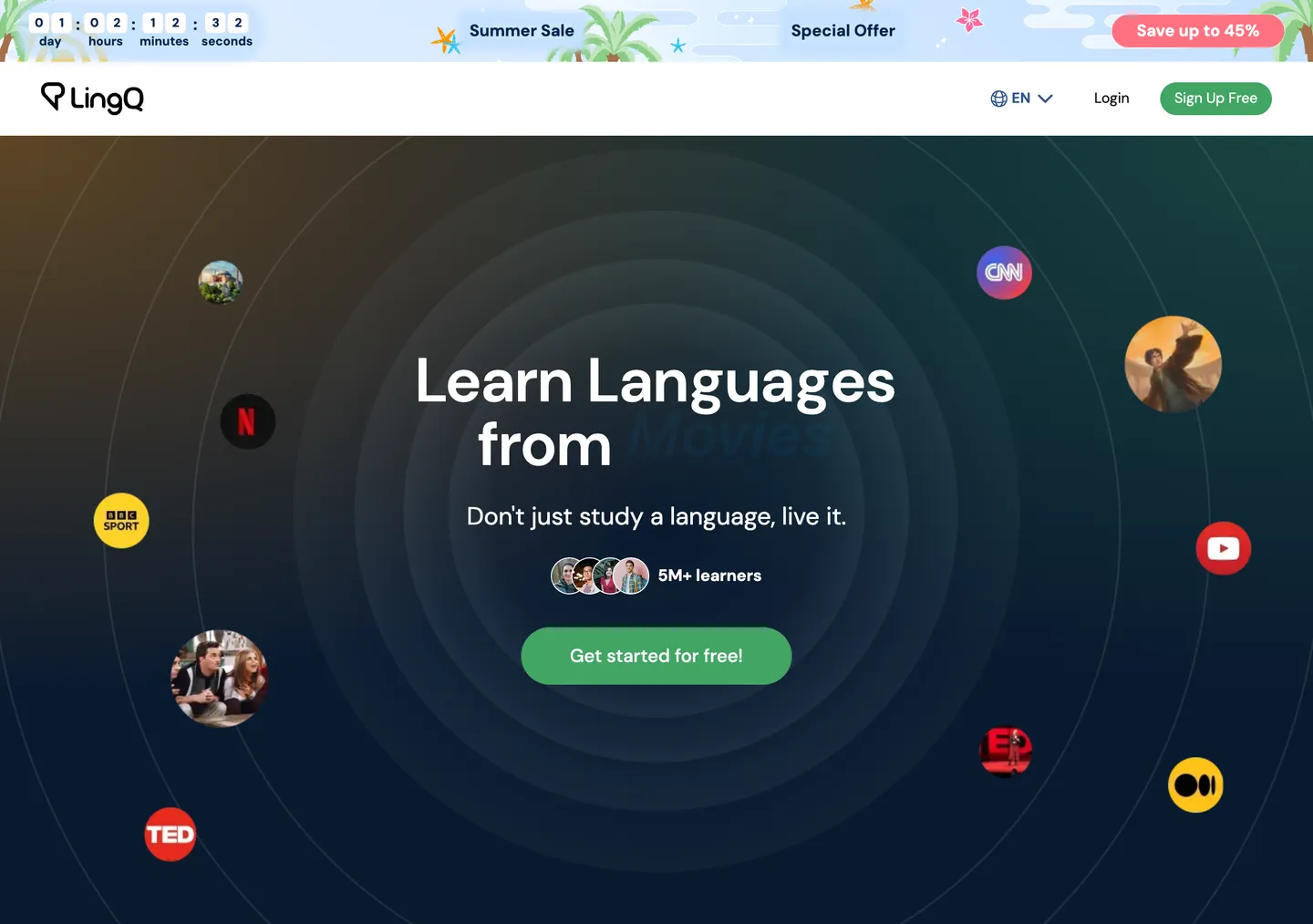 The LingQ home page, describing learning languages from podcasts across its library.