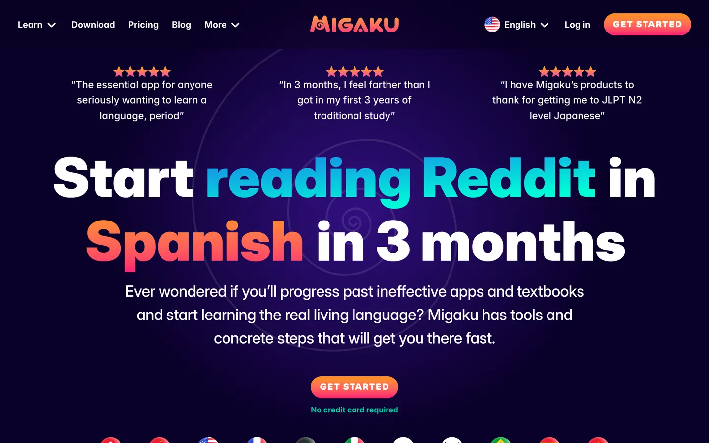 The Migaku home page, showing its language picker and learner testimonials.
