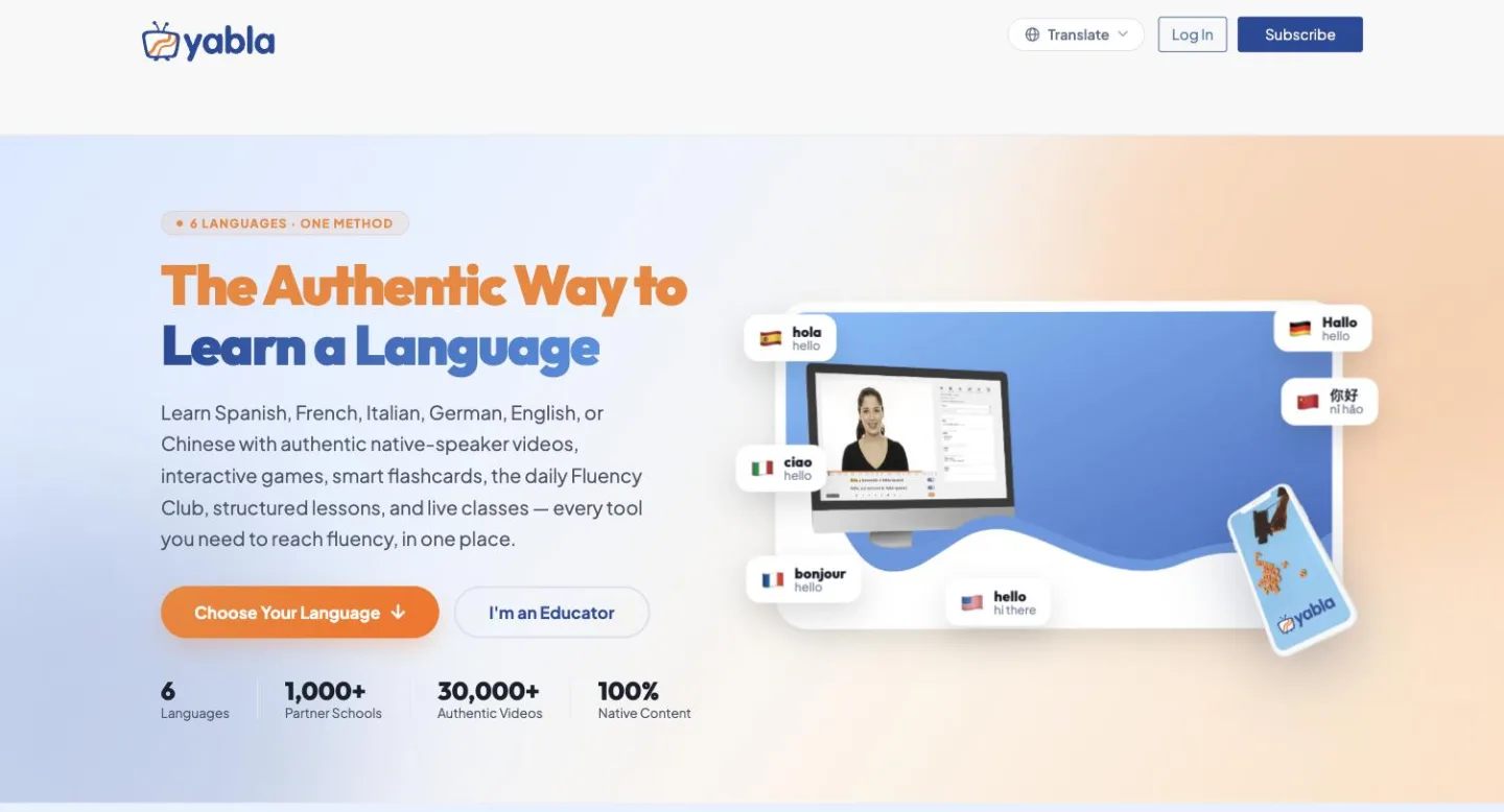 The Yabla home page, offering authentic native-speaker videos with interactive games and flashcards across six languages.